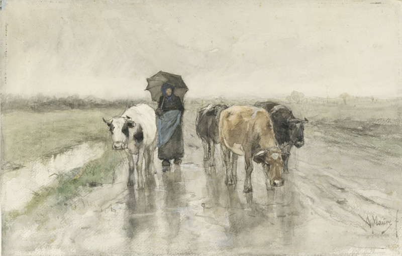 A Herdess with Cows on a Country Road in the Rain (1848 - 1888) reproduction of painting by Anton Mauve. ALL GICLEE PRINTS