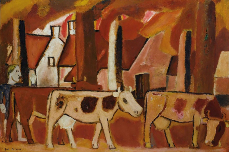 Les Vaches Dans Une Mène Vers L’étable (1930-33) reproduction of painting by Gustave De Smet. ALL GICLEE PRINTS