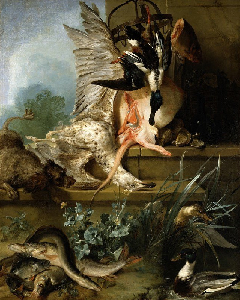 Still Life with a Spaniel Chasing Ducks (1719) reproduction of painting by Jean-Baptiste Oudry. Still-life