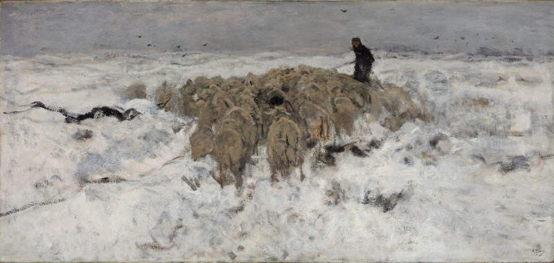 Flock of sheep with shepherd in the snow reproduction of painting by Anton Mauve. ALL GICLEE PRINTS