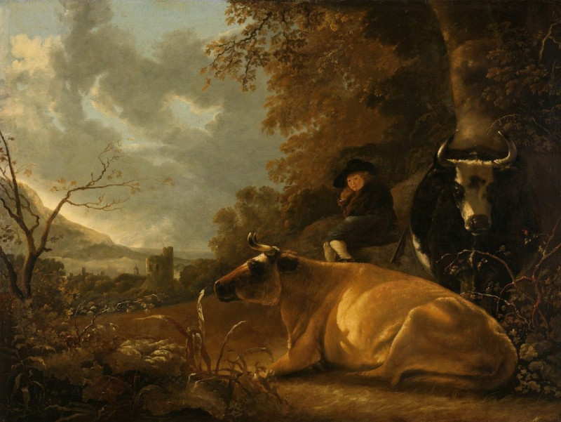 Landscape with Cows and a Young Herdsman (1650 - 1670) reproduction of painting by Aelbert Cuyp. ALL GICLEE PRINTS