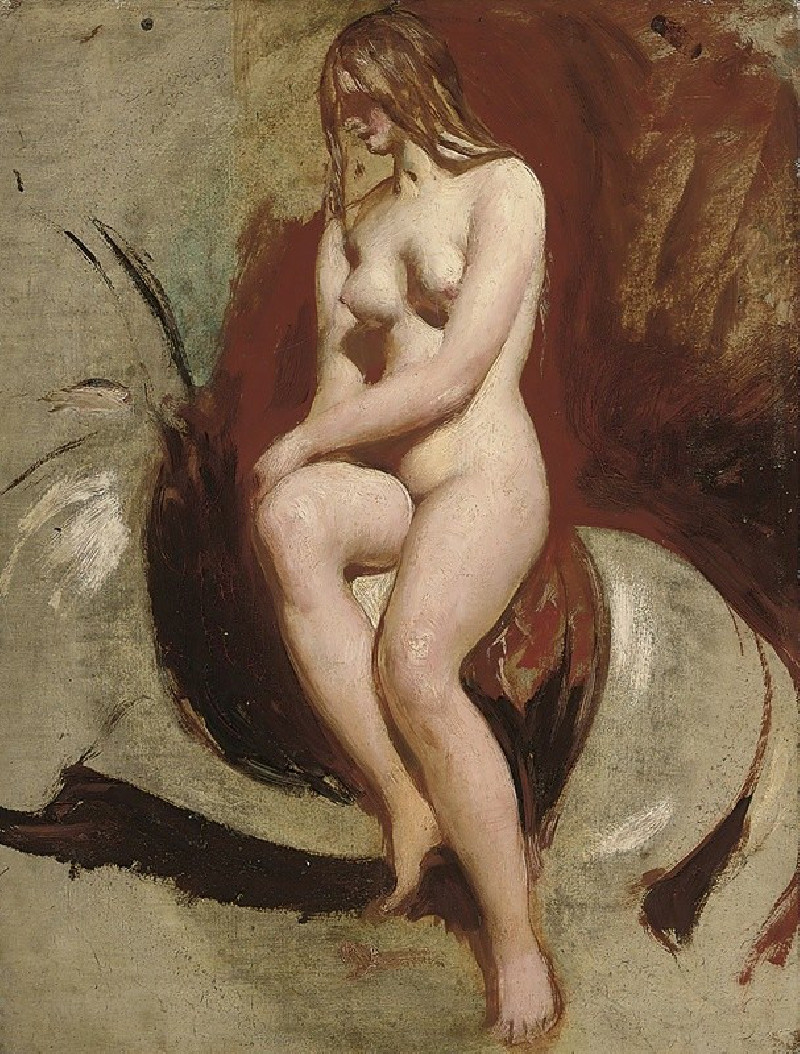 Seated female nude reproduction of painting by William Etty. Nude