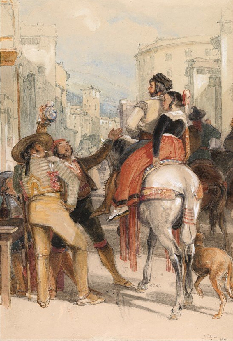 A Street Scene in Granada on the Day of the Bullfight (1833) reproduction of painting by John Frederick Lewis. ALL GICLEE PRINTS