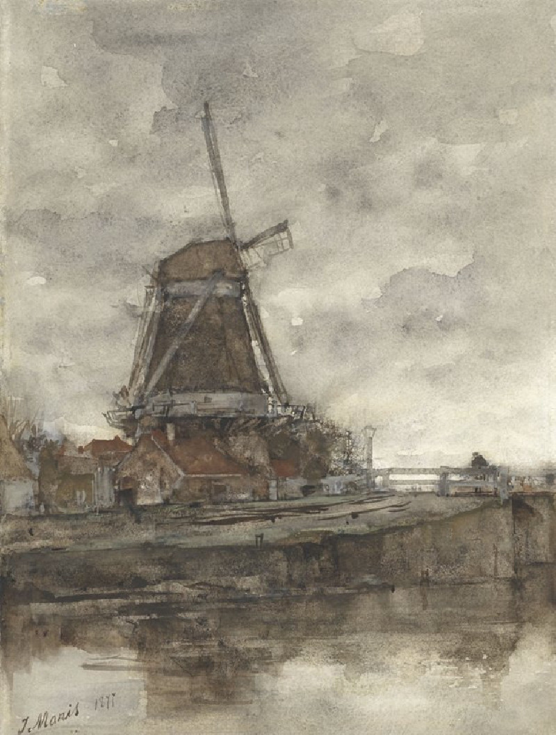 Molen en de brug bij de Noord-West-Buitensingel in Den Haag (1877) reproduction of painting by Jacob Maris. ALL GICLEE PRINTS