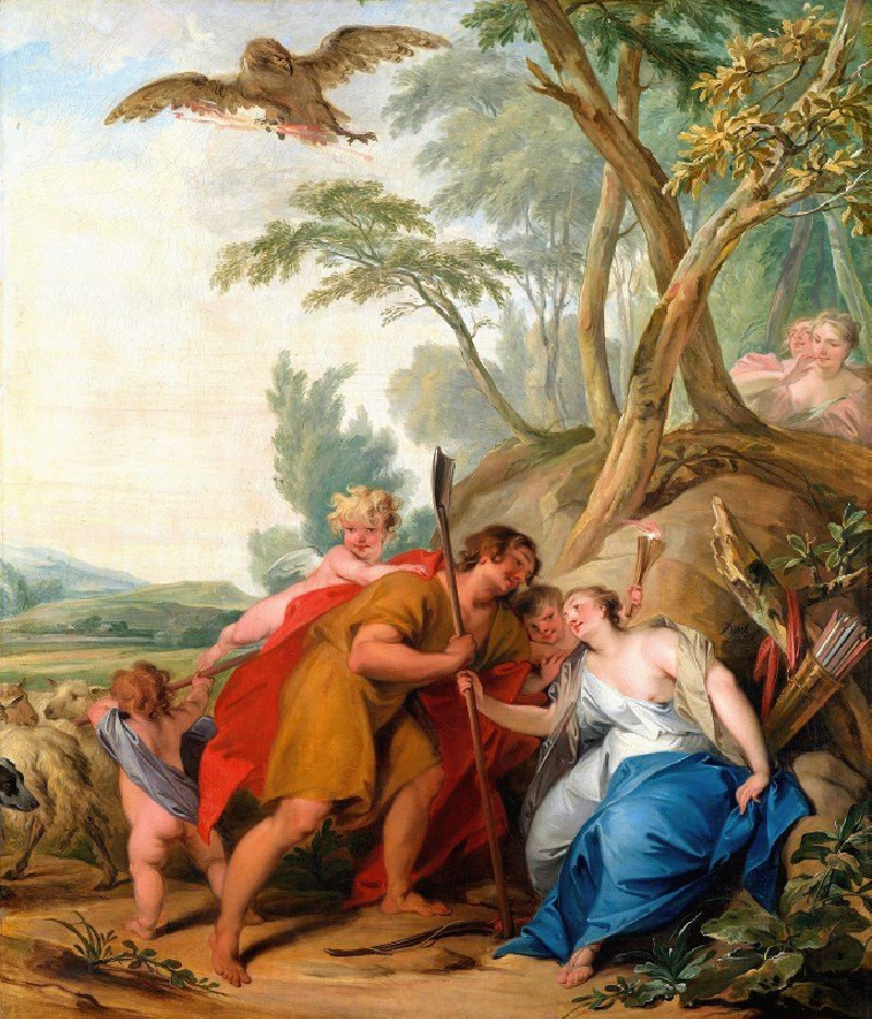 Jupiter, Disguised As a Shepherd, Seducing Mnemosyne, The Goddess of Memory (1727) reproduction of painting by Jacob de Wit. ...