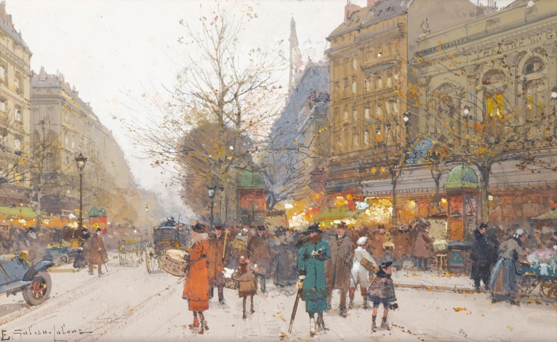 Theatre Du Gymnase, Boulevard De Bonne-Nouvelle reproduction of painting by Eugène Galien-Laloue. ALL GICLEE PRINTS