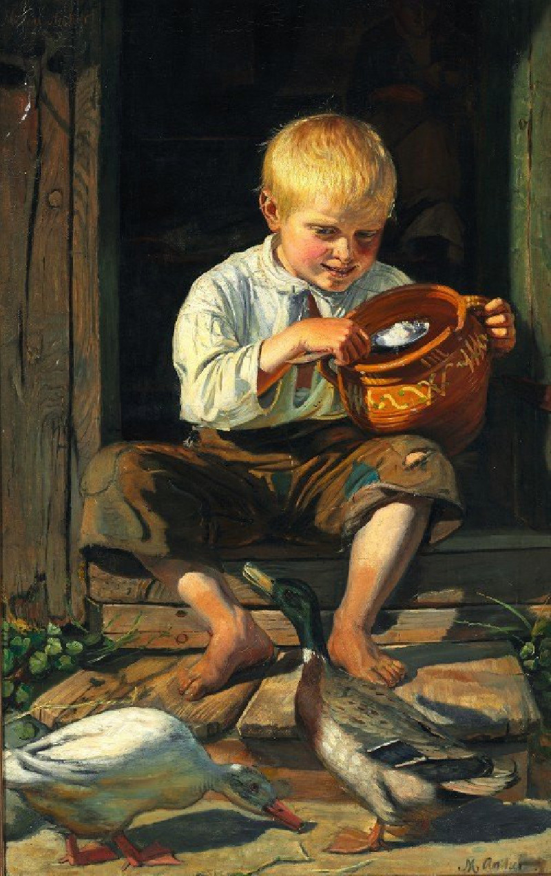 Dreng fodrer ænder (1879) reproduction of painting by Michael Ancher. ALL GICLEE PRINTS