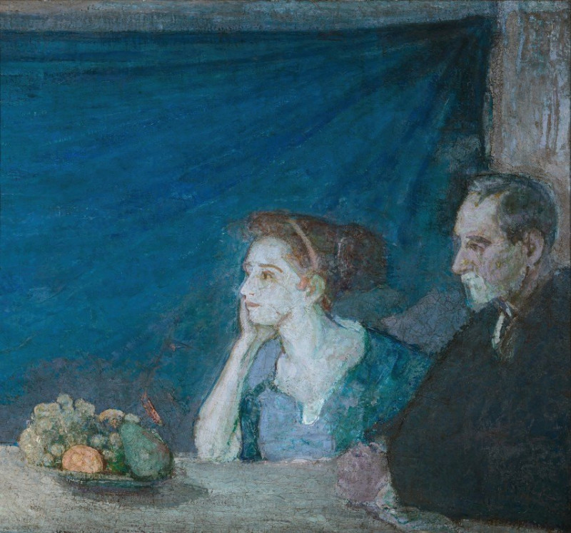 Portrait of Mr. and Mrs. Atherton Curtis with Still Life reproduction of painting by Henry Ossawa Tanner. Still-life