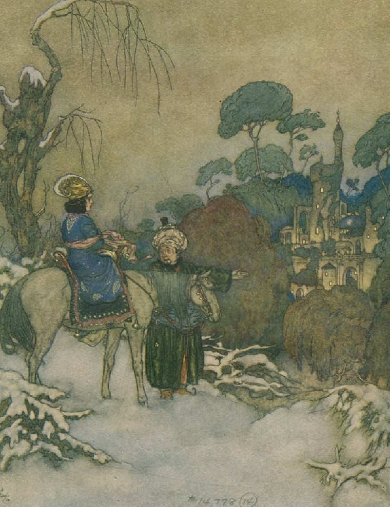 Soon they caught sight of the castle in the distance. (1910) reproduction of painting by Edmund Dulac. ALL GICLEE PRINTS