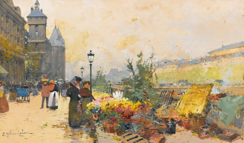 Le Marché Des Fleurs À La Cité reproduction of painting by Eugène Galien-Laloue. ALL GICLEE PRINTS