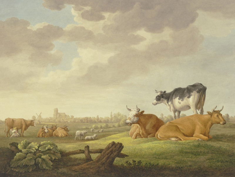 Auf einer Wiese Kühe und Schafe, in der Ferne eine Stadt, links eine Melkerin reproduction of painting by Aelbert Cuyp. ALL G...