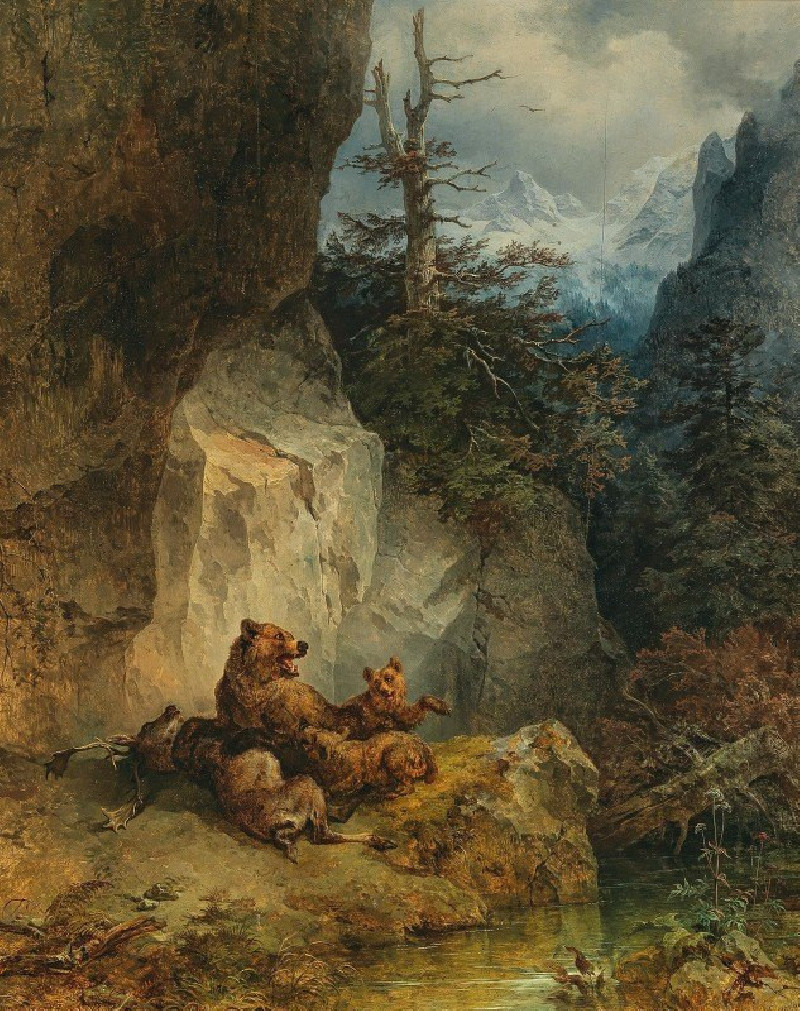 Friedrich August Matthias Gauermann reprodukcija A mother bear and her cubs with a stag (1845), VISOS REPRODUKCIJOS , paveiks...