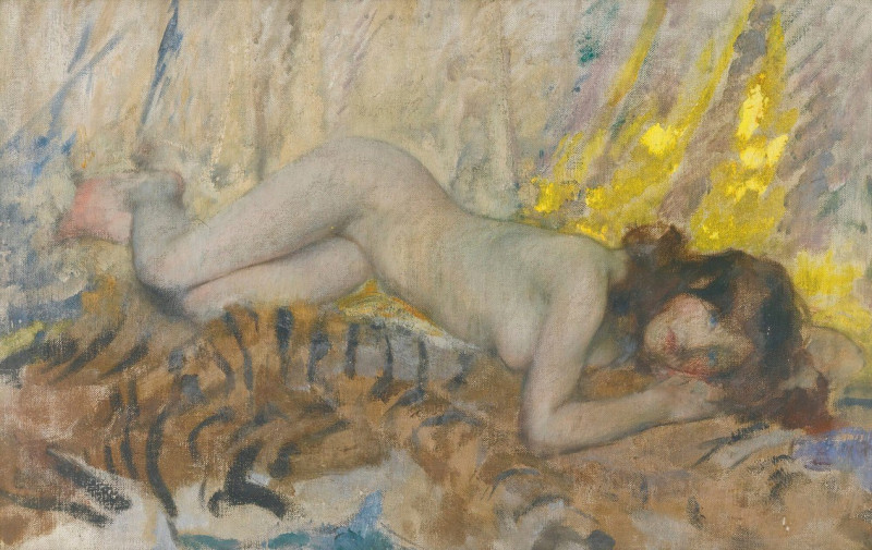 Nude On A Tiger Skin reproduction of painting by James Jebusa Shannon. Nude