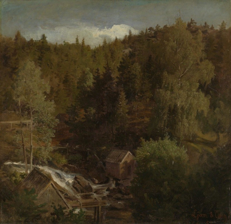 Landscape with a Mill (1858) reproduction of painting by Hans Gude. ALL GICLEE PRINTS