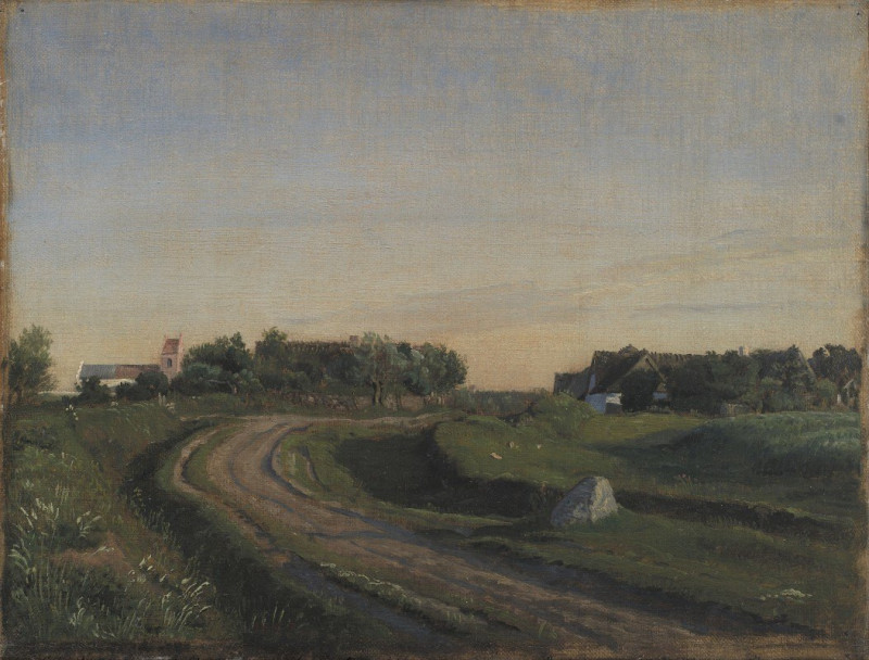 Vejby with the Church seen from the North. Evening Light. Zealand (1842 - 1843) reproduction of painting by P. C. Skovgaard. ...