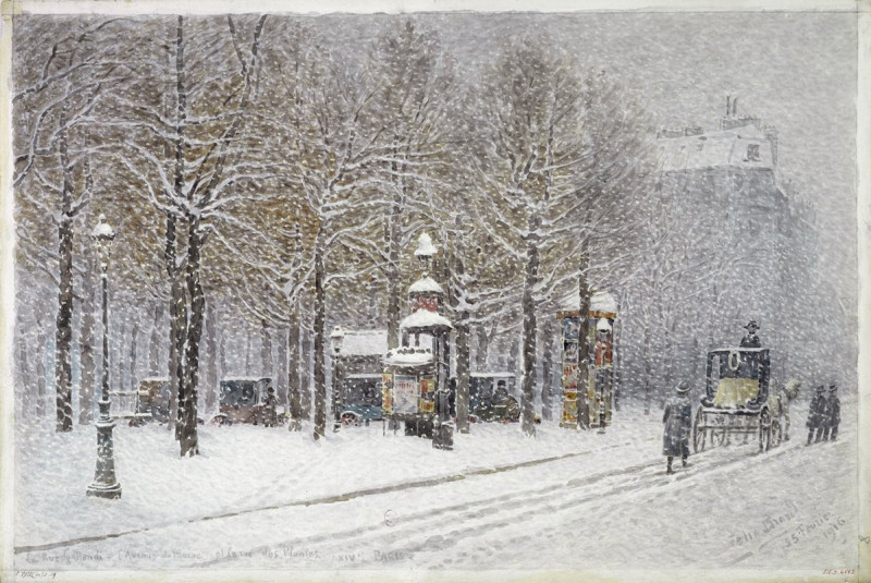 La rue Gassendi, l’avenue du Maine et la rue des Palntes sous la neige en Février 1916 (1916) reproduction of painting by Fél...