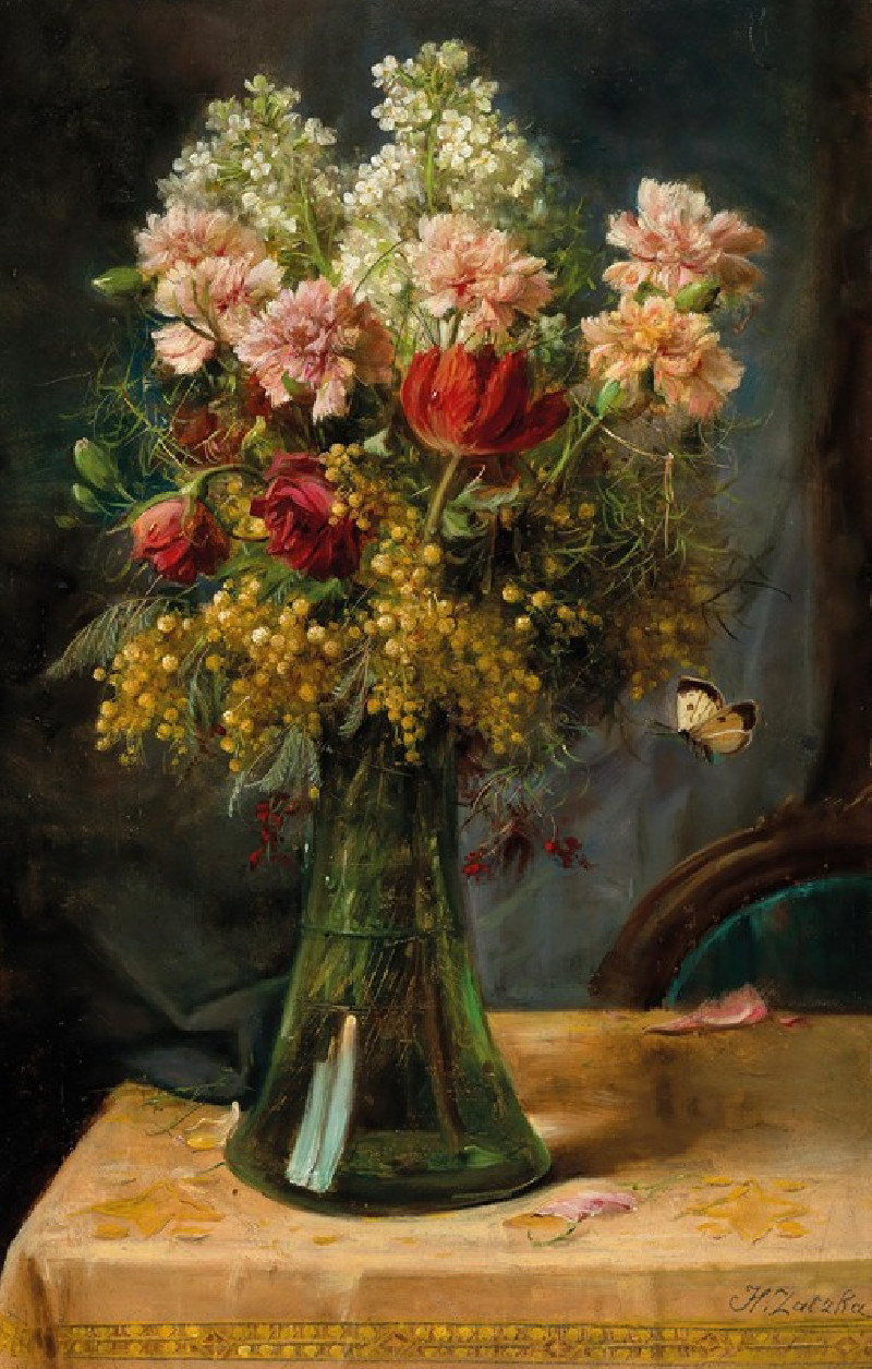 A Bouquet of Flowers with Tulips and Carnations in a Glass Vase with Butterfly reproduction of painting by Hans Zatzka. ALL G...