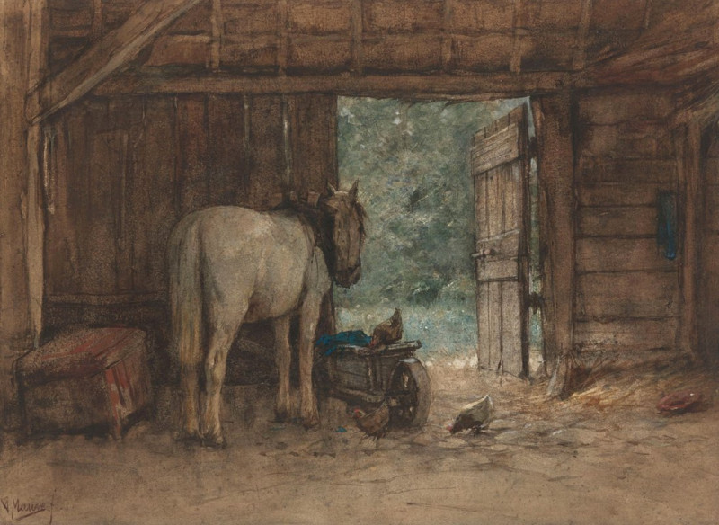 Paard in een stal bij een open staldeur (c. 1848 - c. 1888) reproduction of painting by Anton Mauve. ALL GICLEE PRINTS