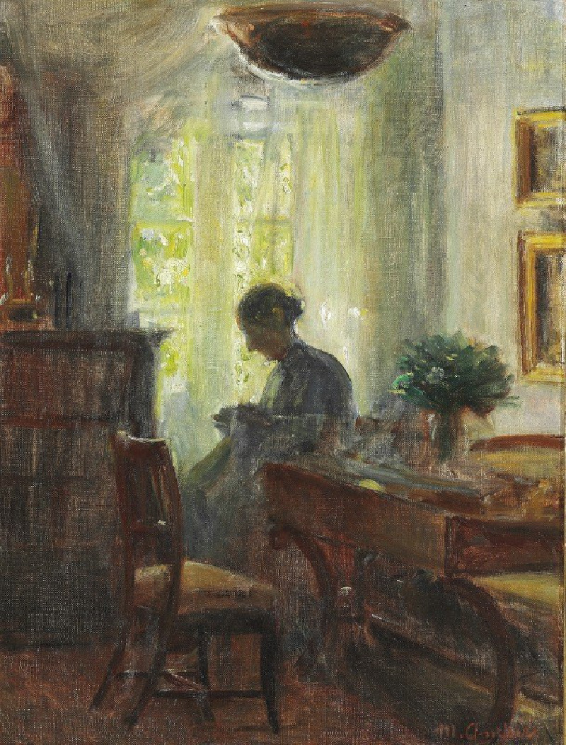 Michael Ancher reprodukcija Interieur fra Kunstnerens Hjem. Fru Anna Ancher ved Sytøjet (1915), VISOS REPRODUKCIJOS , paveiks...