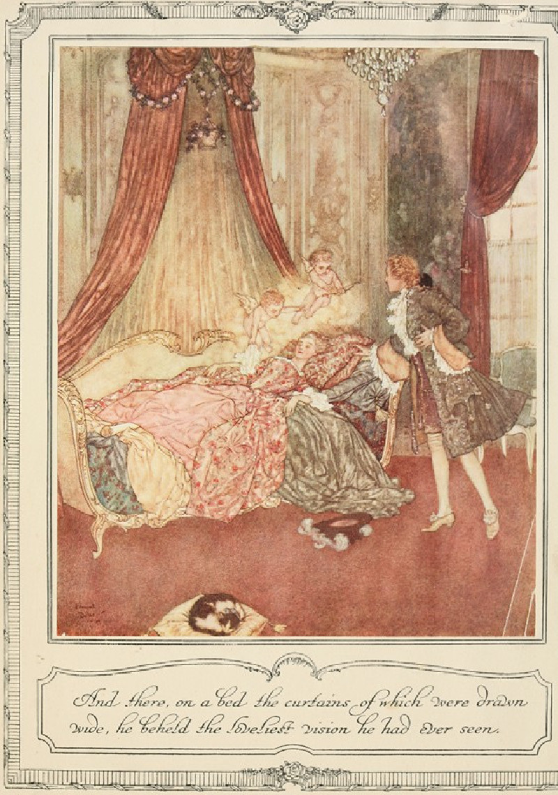 Edmund Dulac reprodukcija And there, on a bed the curtains of which were drawn wide he beheld the loveliest vision he had eve...