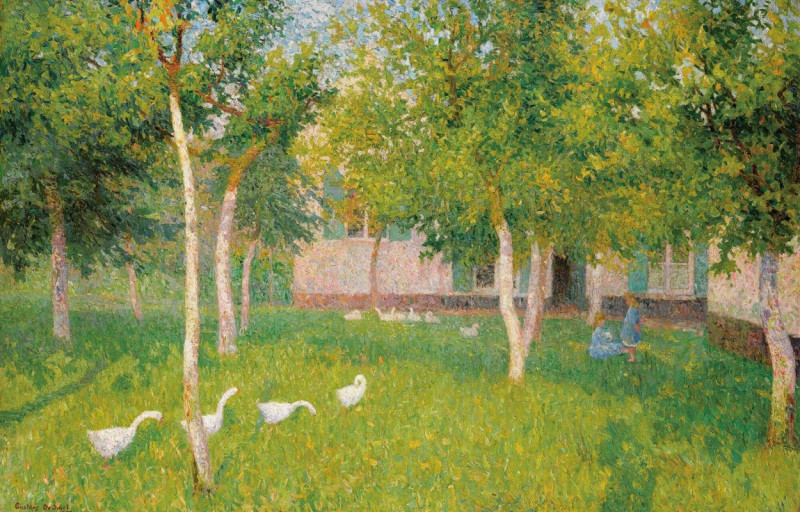 Oies Dans Un Jardin Avec Deux Enfants (1907) reproduction of painting by Gustave De Smet. ALL GICLEE PRINTS