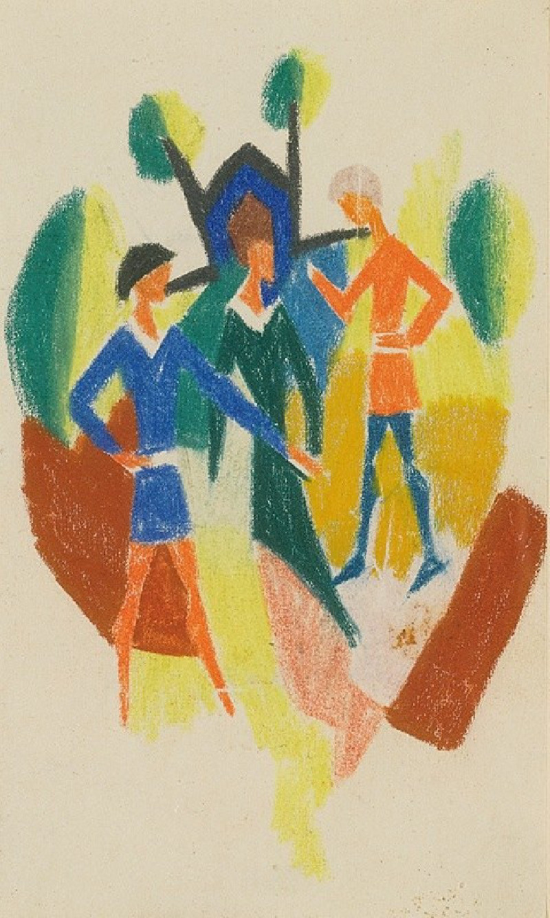 Zwei Männer Und Frau (Stickerei) (Two Men And A Woman (Embroidery) (1914) reproduction of painting by August Macke. ALL GICLE...