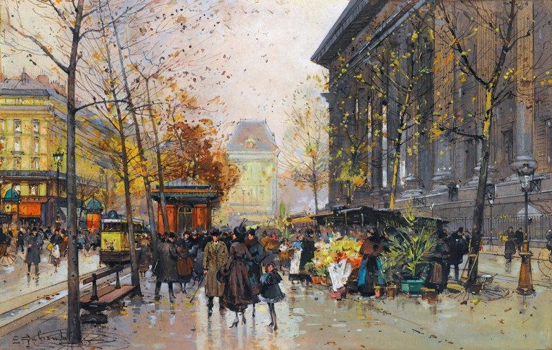 Le Marché Aux Fleurs, La Madeleine reproduction of painting by Eugène Galien-Laloue. ALL GICLEE PRINTS