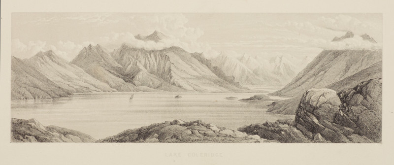 New Zealand Graphic and Descriptive. Plate IV. Lake Coleridge (1877) reproduction of painting by Charles Decimus Barraud. ALL...