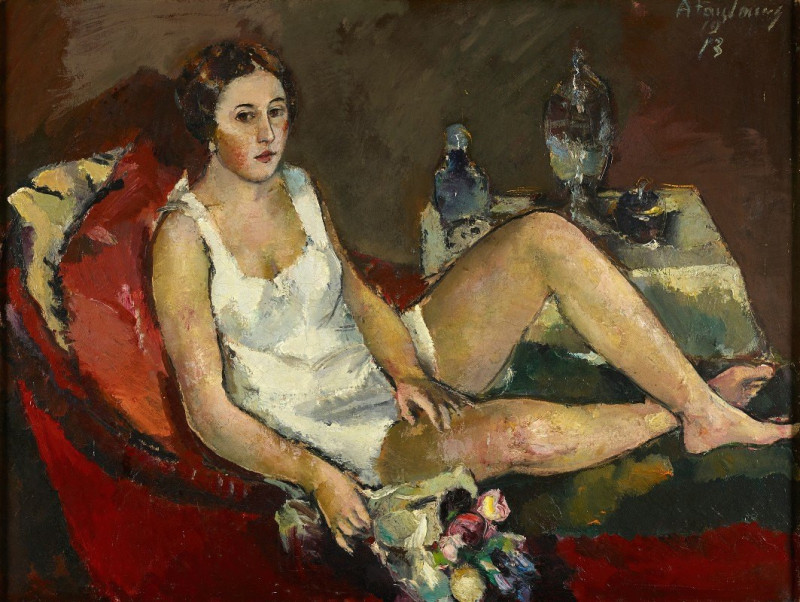 Junge Frau Auf Rotem Sofa (1913) reproduction of painting by Anton Faistauer. ALL GICLEE PRINTS