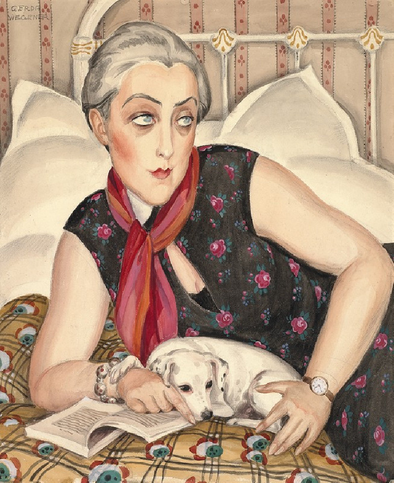 Portrait of a woman reading with a dog reproduction of painting by Gerda Wegener. ALL GICLEE PRINTS