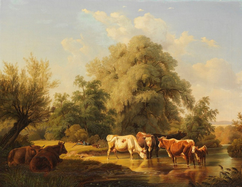 Kühe an der Tränke (1860) reproduction of painting by Friedrich Voltz. ALL GICLEE PRINTS