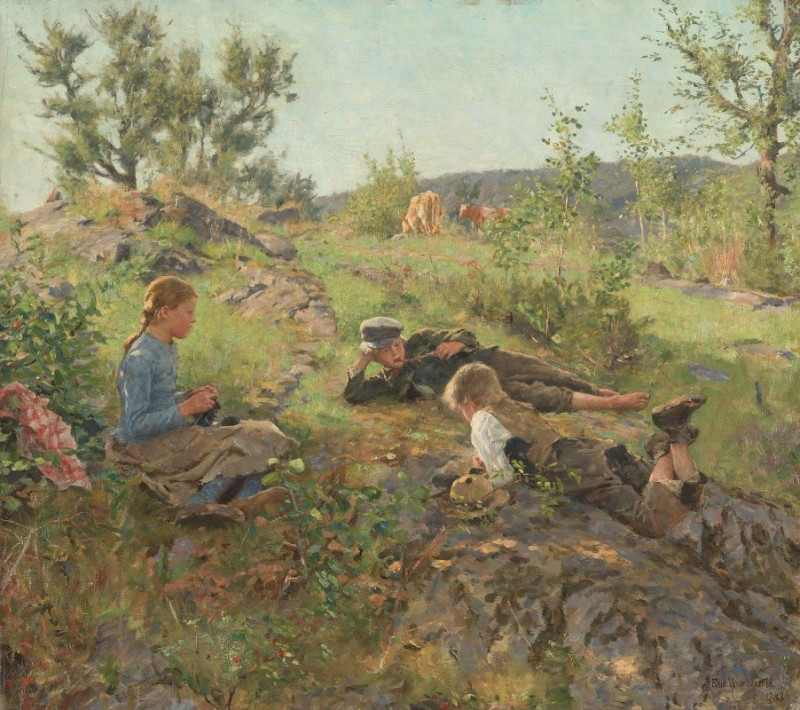 Herders at Tåtøy (1883) reproduction of painting by Erik Werenskiold. ALL GICLEE PRINTS