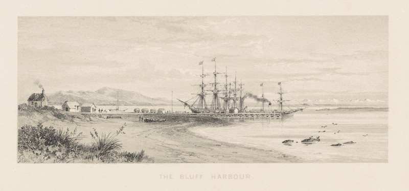 New Zealand Graphic and Descriptive. Plate V. The Bluff Harbour (1877) reproduction of painting by Charles Decimus Barraud. A...