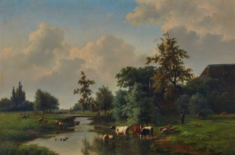 Farm Animals By A Stream reproduction of painting by Eugène Joseph Verboeckhoven. ALL GICLEE PRINTS