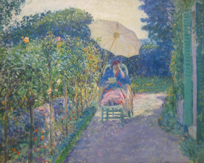 Woman Seated in a Garden (1914) reproduction of painting by Frederick Carl Frieseke. ALL GICLEE PRINTS