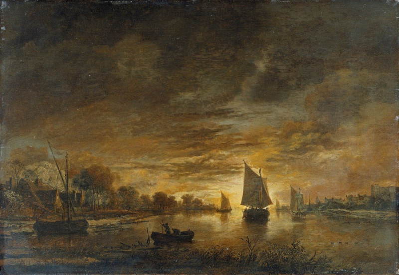 River Landscape with Ships at Moonrise (ca. 1660 – 1670) reproduction of painting by Aert van der Neer. ALL GICLEE PRINTS