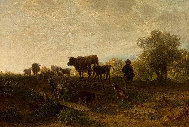 Shepherd with cattle (1867) reproduction of painting by Friedrich Voltz. ALL GICLEE PRINTS