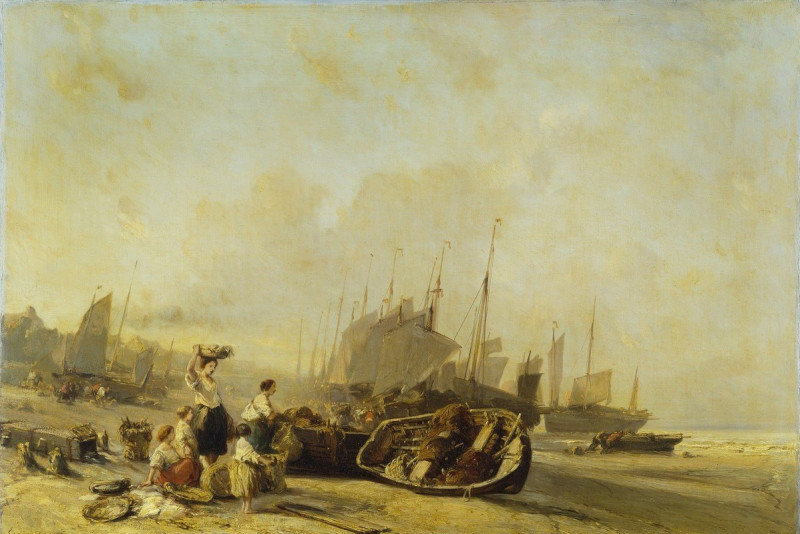 Boats on the Shore at Calais (1851) reproduction of painting by Eugène Isabey. ALL GICLEE PRINTS