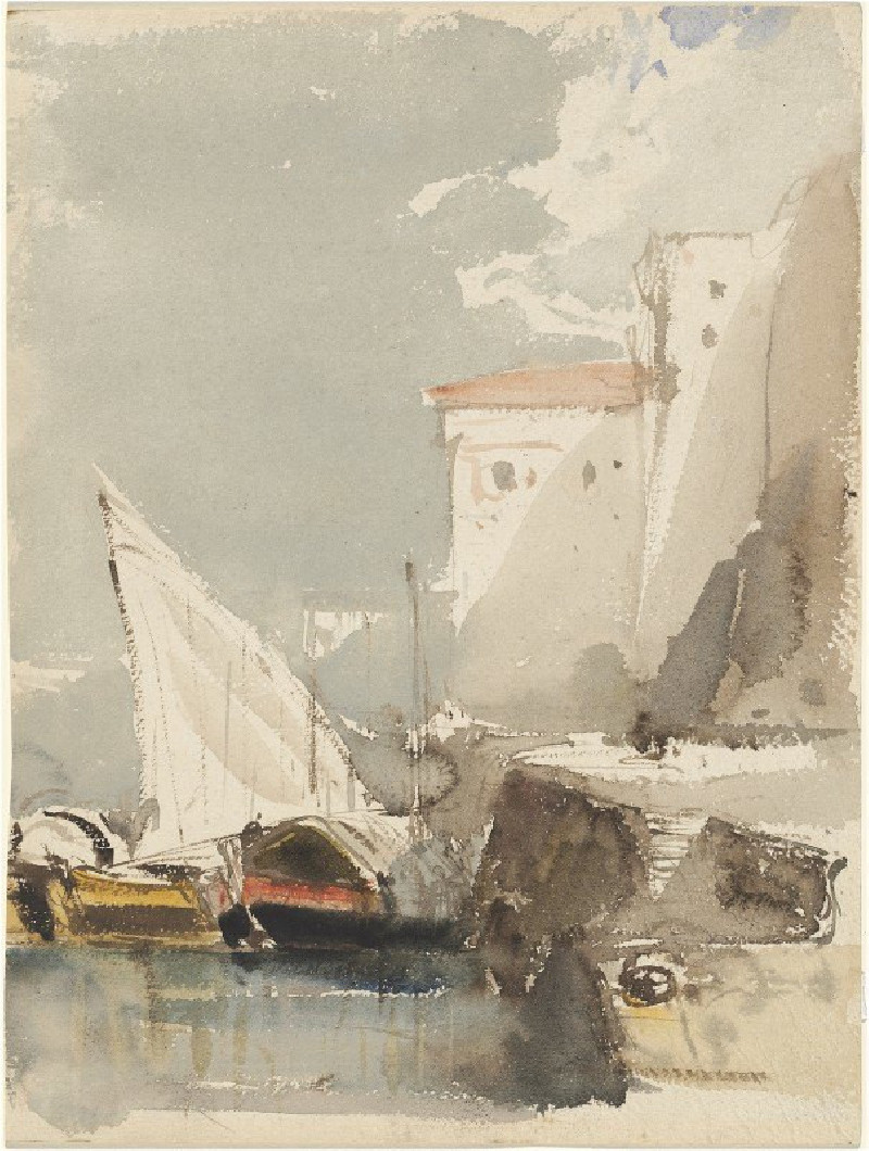 Sailboats in a Sunlit Harbor (recto) (1830s) reproduction of painting by Eugène Isabey. ALL GICLEE PRINTS