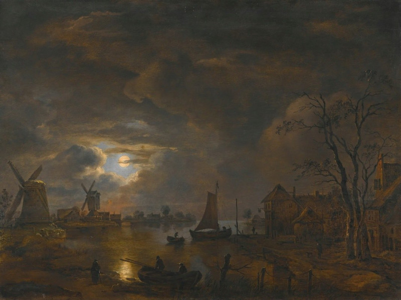 A Moonlight Landscape With Windmills Along The Banks Of A River reproduction of painting by . ALL GICLEE PRINTS