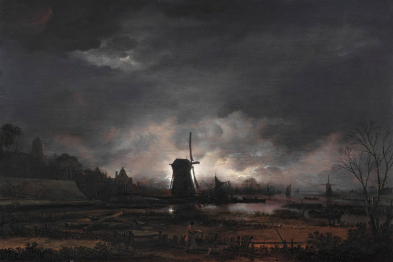 Moonlit Landscape With A Windmill (early to mid 1650s) reproduction of painting by Aert van der Neer. ALL GICLEE PRINTS