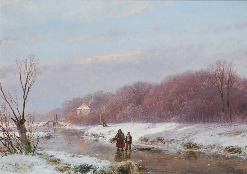 A winter Landscape With Wood Gatherers On The Ice reproduction of painting by Andreas Schelfhout. ALL GICLEE PRINTS