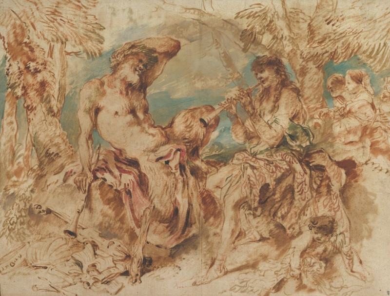 Giovanni Benedetto Castiglione reprodukcija Youth Playing a Pipe for a Satyr (1645–50), VISOS REPRODUKCIJOS , paveikslai, rep...