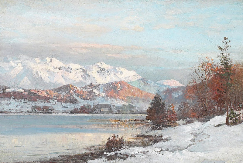 Vinterlandskab med morgenlys over bjergsø, i baggrunden udsigt til Alperne reproduction of painting by Anders Andersen-Lundby...