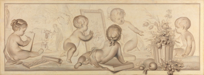 Six Putti with Flowers and Fruit and Attributes of the Art of Drawing (1782) reproduction of painting by Jurriaan Andriessen....