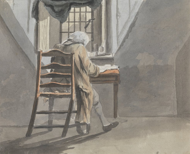 Back View of a Seated Man in an Attic reproduction of painting by James Miller. ALL GICLEE PRINTS