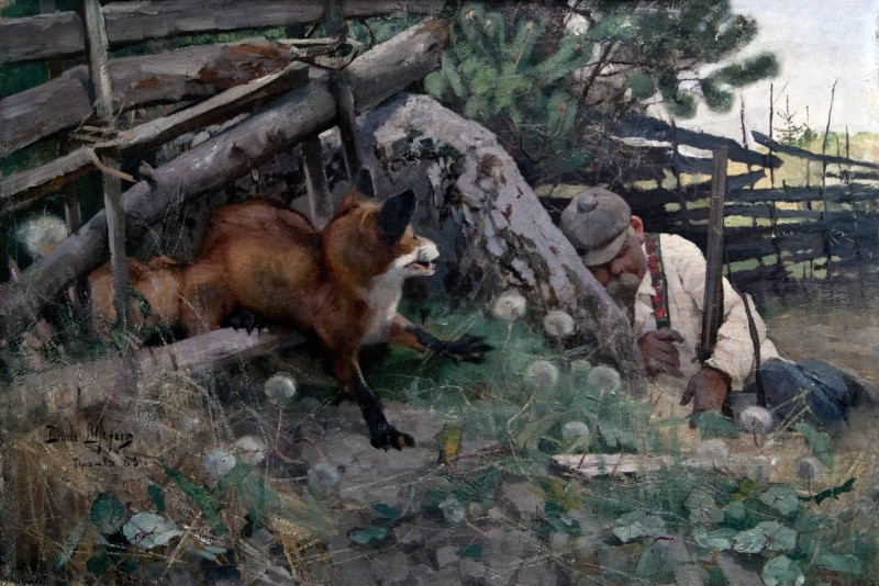 Hunter and Fox (1883) reproduction of painting by Bruno Liljefors. ALL GICLEE PRINTS