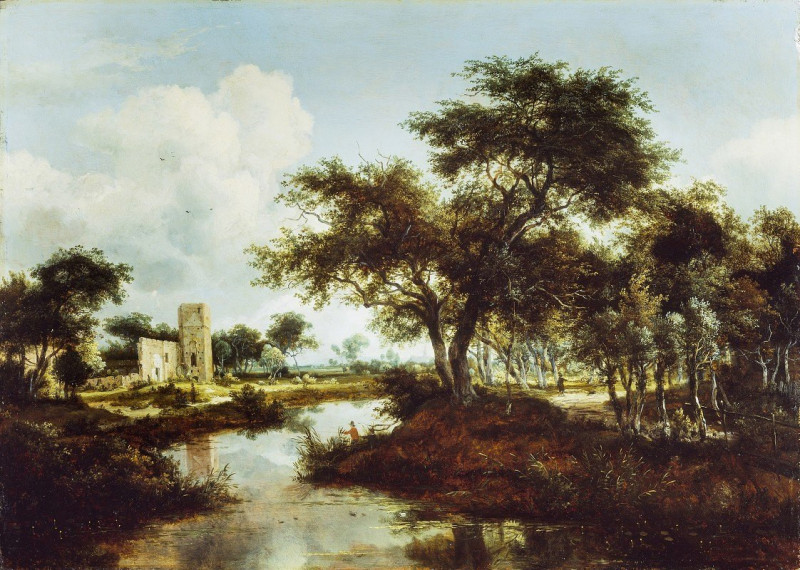 A Ruin on the Bank of a River (1667) reproduction of painting by Meindert Hobbema. ALL GICLEE PRINTS