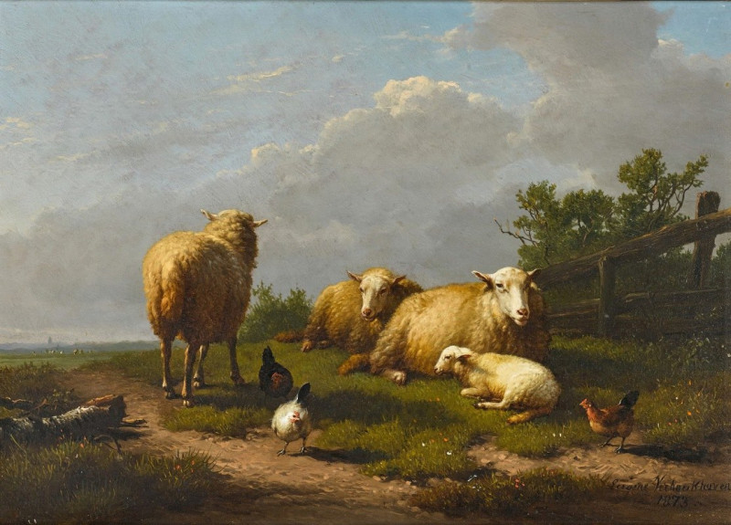 Sheep and Chicken in a Landscape (1873) reproduction of painting by Eugène Joseph Verboeckhoven. ALL GICLEE PRINTS