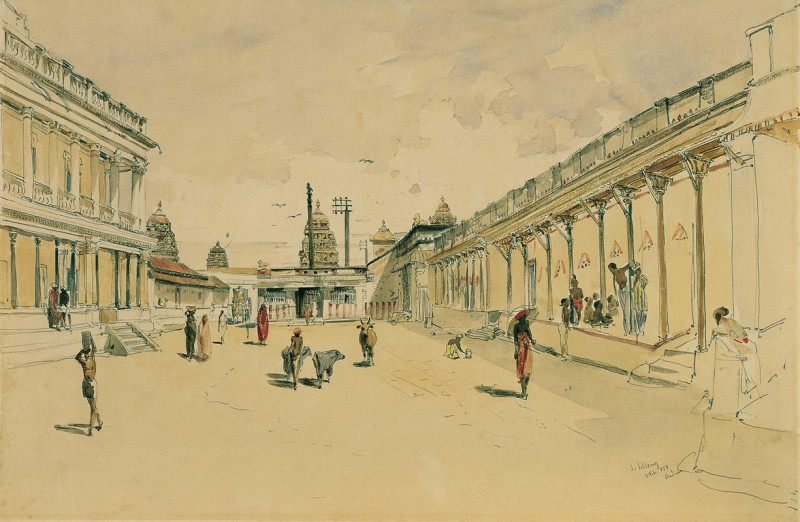 Straße in Madras mit einem Tempel (1858) reproduction of painting by Joseph Selleny. ALL GICLEE PRINTS